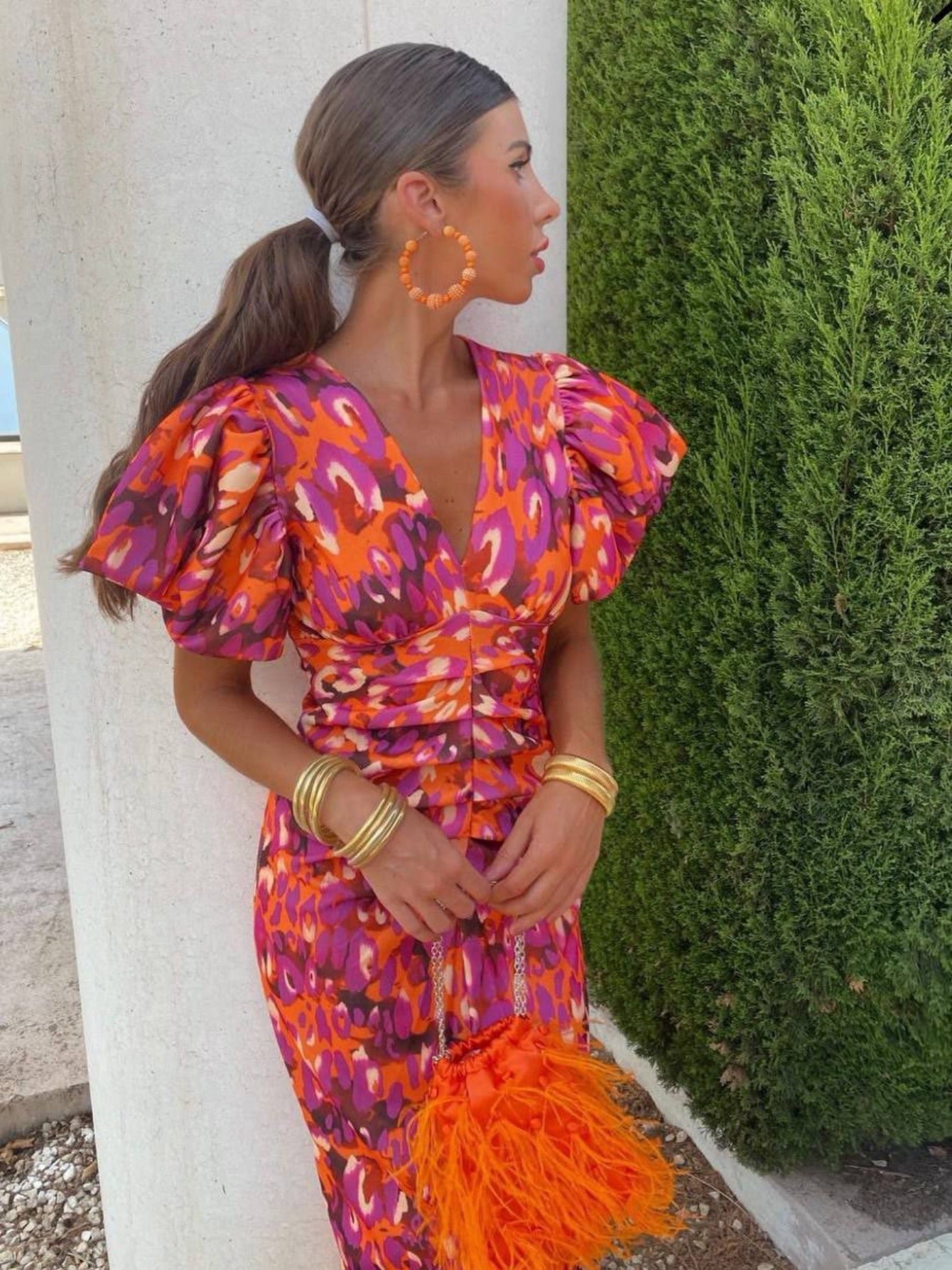 Amelia – Elegant Long Dress with Puff Sleeves and Flowing Cut