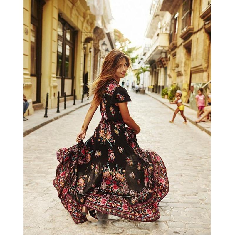 Bohemian Women's Dress - Deep V Neck - Short Ruffled Sleeves