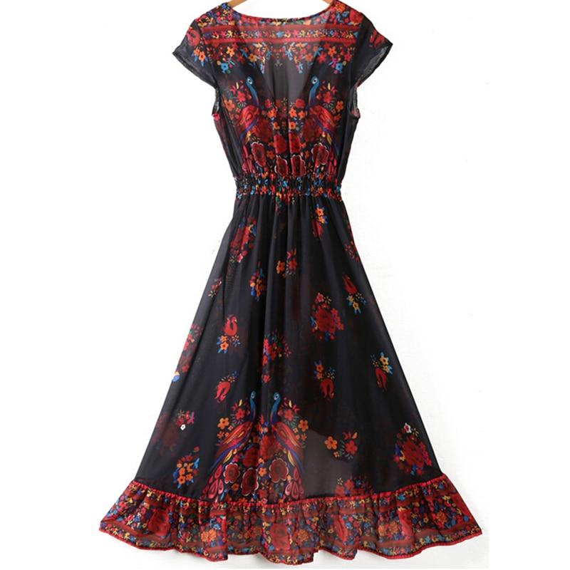 Bohemian Women's Dress - Deep V Neck - Short Ruffled Sleeves