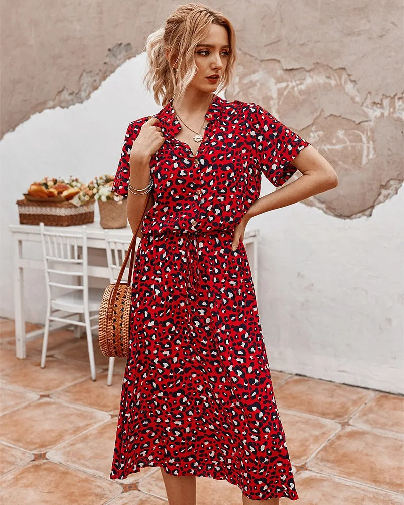 Women's Midi Dress - Buttoned - Shirt Collar - Short Sleeves