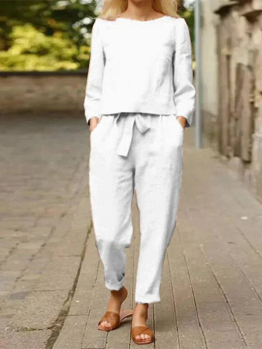 Women's Linen Set - Long Sleeve Top and Straight Pants with Belted Waist