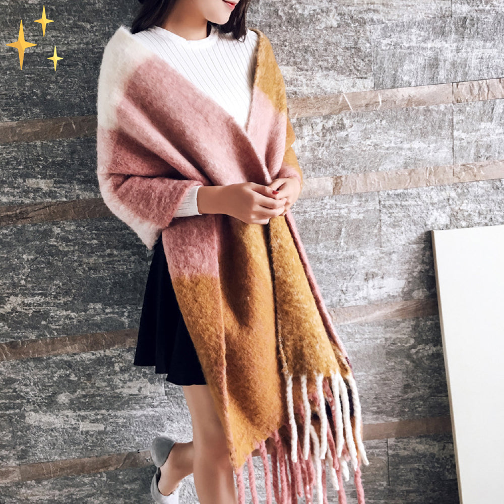Emma Soft Cashmere Scarf with Plaid and Fringes
