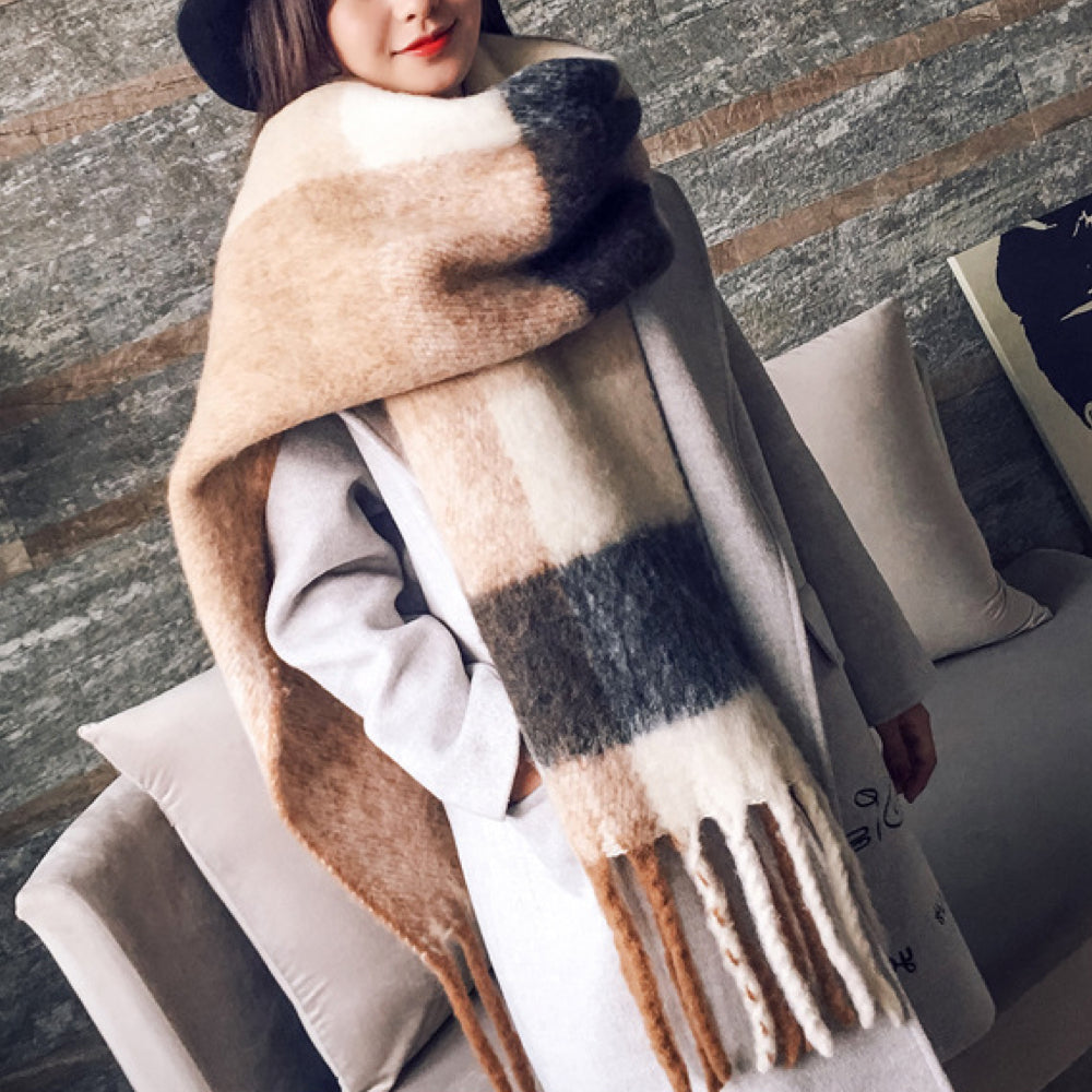 Emma Soft Cashmere Scarf with Plaid and Fringes
