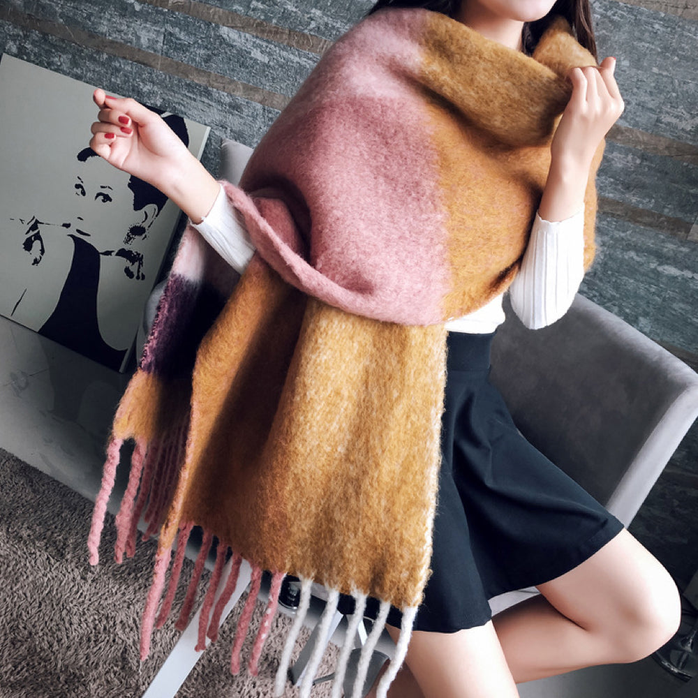 Emma Soft Cashmere Scarf with Plaid and Fringes