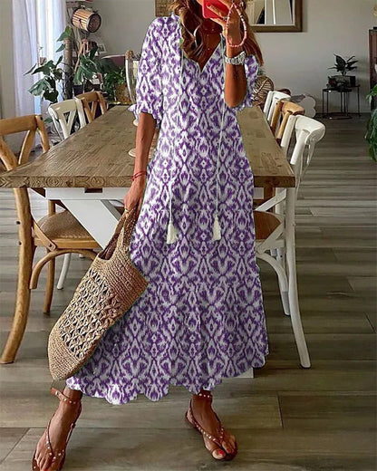 Robe Longue Femme - Coupe Ample - Encolure V avec Liens