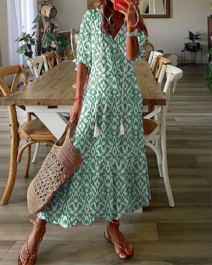 Robe Longue Femme - Coupe Ample - Encolure V avec Liens