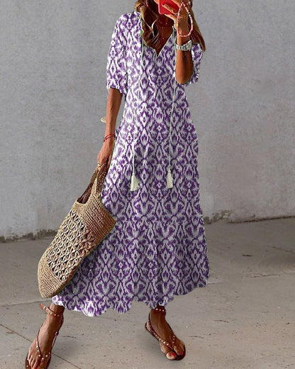 Robe Longue Femme - Coupe Ample - Encolure V avec Liens