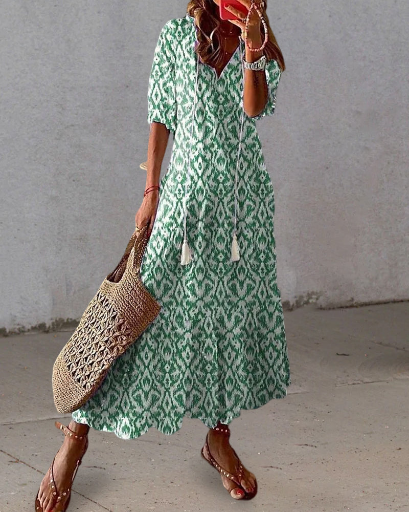 Robe Longue Femme - Coupe Ample - Encolure V avec Liens