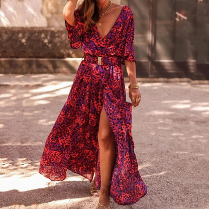 Robe Longue Femme - Manches Courtes Fendue