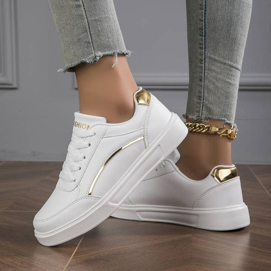 Sophie Sneakers Luxury in White PU Leather with Gold or Silver Accents