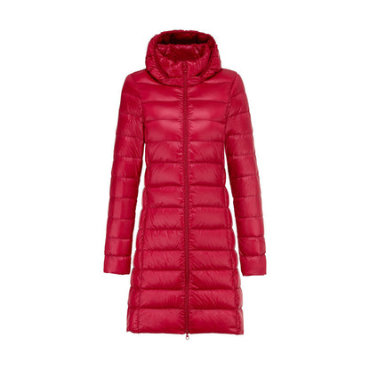 Sophie elegant long down jacket with removable hood