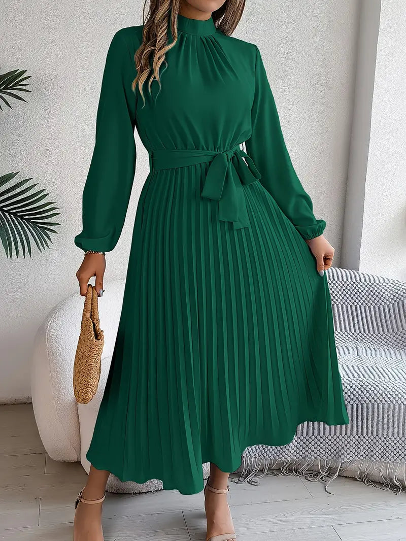 Sophie – Elegant Soft Dress with High Collar and Pleated Belt