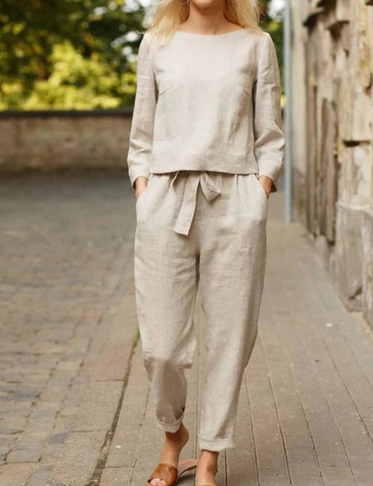 Ensemble Femme en Lin - Haut Manches Longues et Pantalon Droit Taille Ceinturée