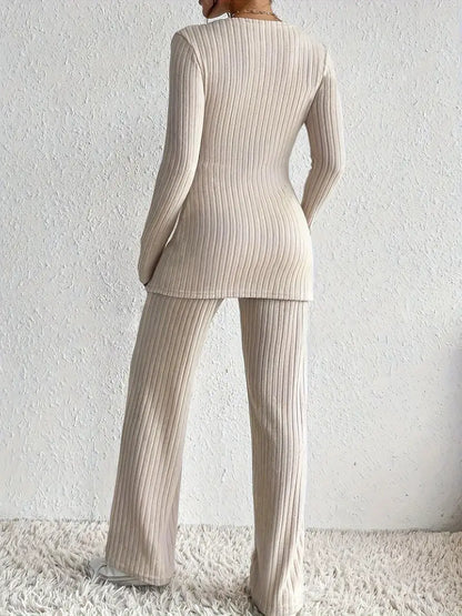 Ensemble Femme Côtelé - Haut Cache-Cœur &amp; Pantalon Droit