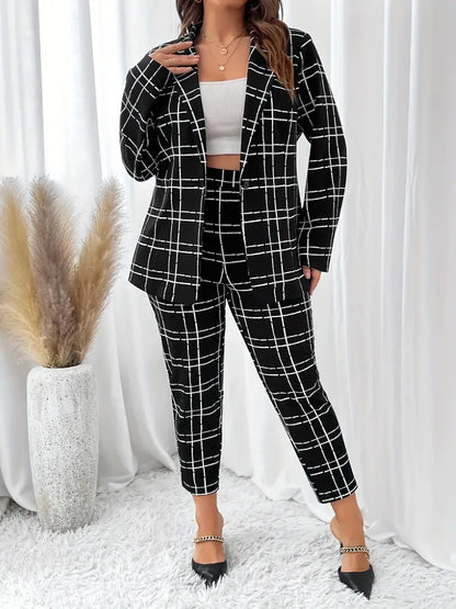 Tailleur Femme - Veste Cintrée à Revers Notch Pantalon Carreaux