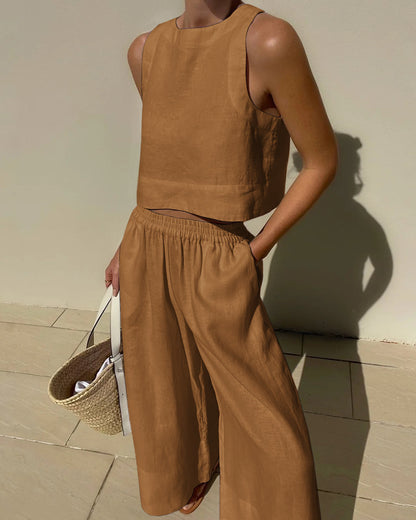 Ensemble Femme – Haut Court sans Manches & Pantalon Taille Haute