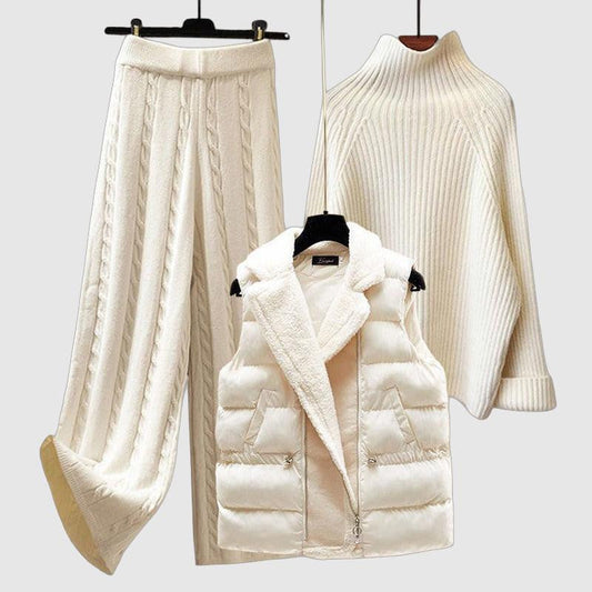 Sophie – Ensemble tricot 3 pièces cosy avec pull, pantalon et gilet assortis
