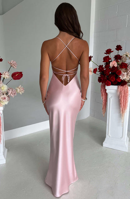 Sophie – Elegant satin long dress with open back and crossed ties