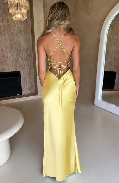 Sophisticated Elegant Long Satin Dress with Open Back and Slit