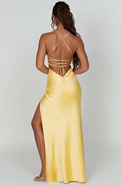 Sophisticated Elegant Long Satin Dress with Open Back and Slit