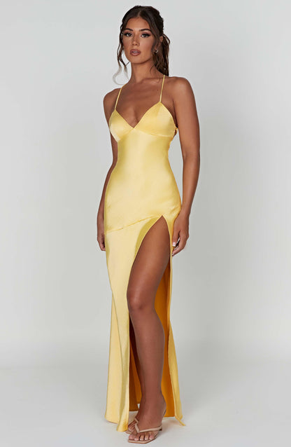 Sophisticated Elegant Long Satin Dress with Open Back and Slit