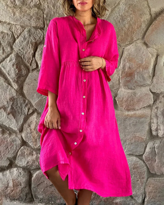 Women's Shirt Dress - Buttoned Mid-Length - 3/4 Sleeves