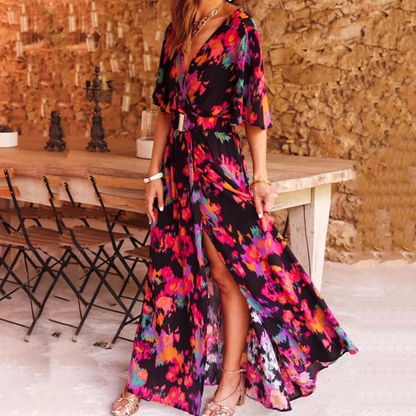Robe Longue Femme - Manches Courtes Fendue