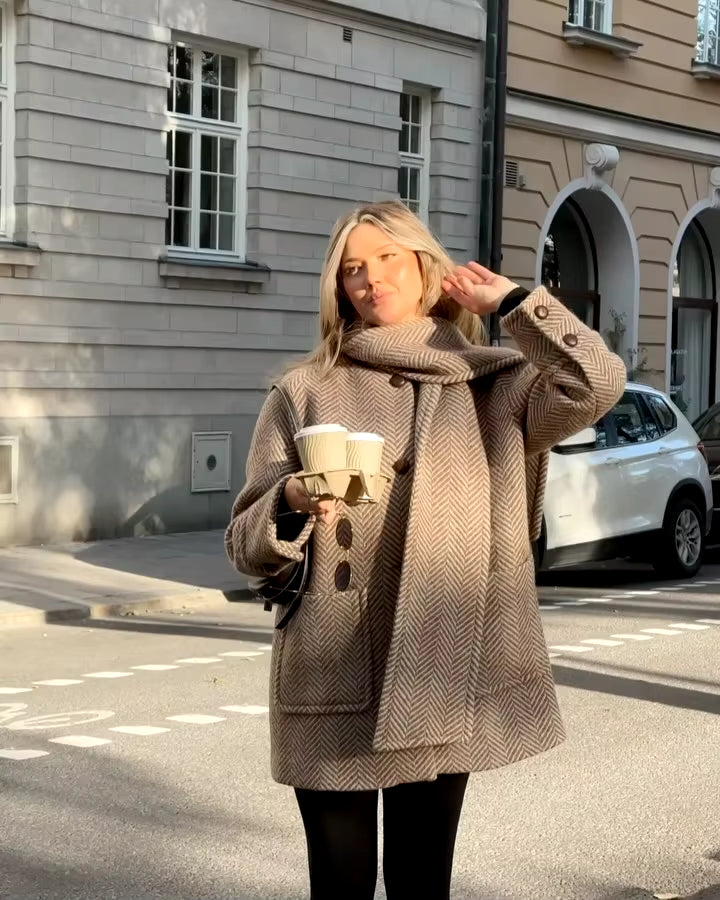 Manteau Chic en Chevrons avec Écharpe