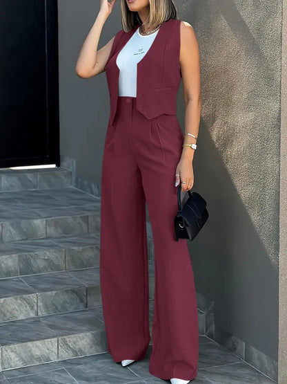 Ensemble Femme – Veste Tailleur Sans Manches & Pantalon Large Taille Haute