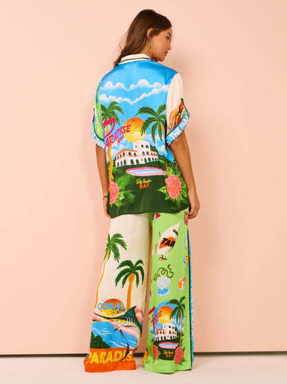 Ensemble Femme - Chemise Boutonnée et Pantalon Large - Imprimé Tropical