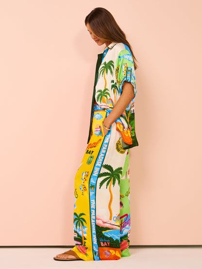 Ensemble Femme - Chemise Boutonnée et Pantalon Large - Imprimé Tropical