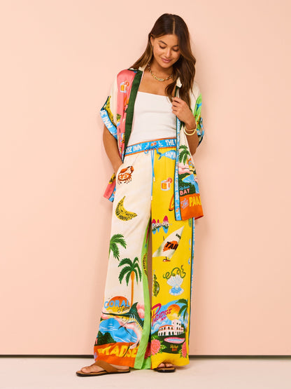 Ensemble Femme - Chemise Boutonnée et Pantalon Large - Imprimé Tropical
