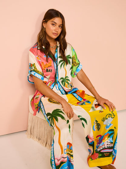Ensemble Femme - Chemise Boutonnée et Pantalon Large - Imprimé Tropical