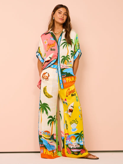 Ensemble Femme - Chemise Boutonnée et Pantalon Large - Imprimé Tropical