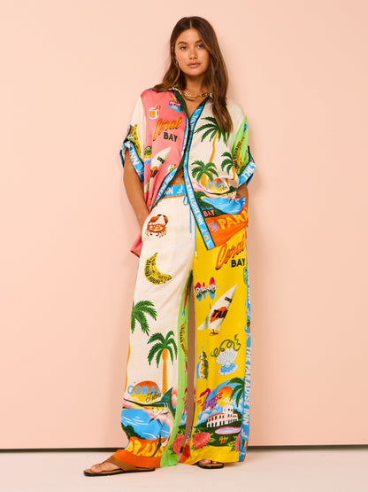 Ensemble Femme - Chemise Boutonnée et Pantalon Large - Imprimé Tropical