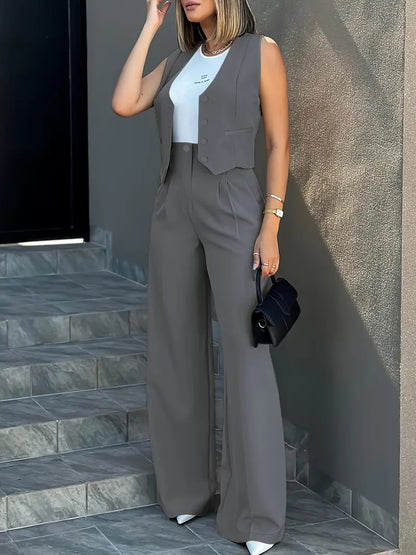 Ensemble Femme – Veste Tailleur Sans Manches & Pantalon Large Taille Haute