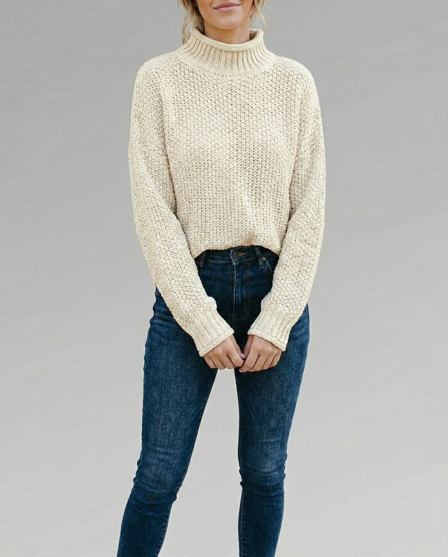 Emma – Suéter de punto grueso elegante con cuello alto y mangas abullonadas