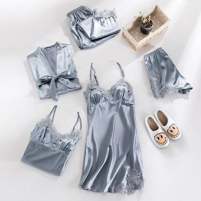 Sophie Elegant Satin Set – 5-Piece Pajama with Lace Details