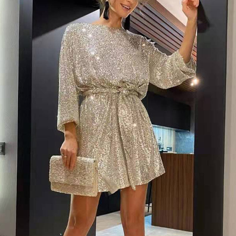Robe Courte Femme - Sequins Brillants - Manches Longues