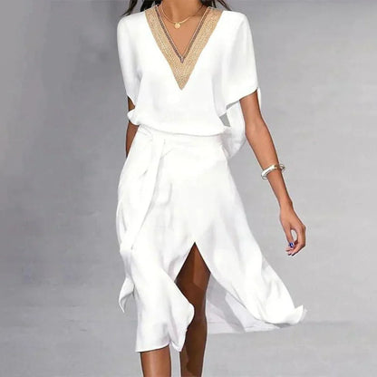 Léa Elegant White Midi Dress with V-Neck