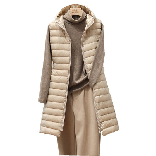 Léa – Gilet sans manches mi-long léger à capuche pour l’automne et l’hiver