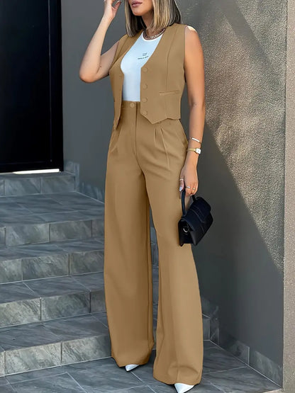 Ensemble Femme – Veste Tailleur Sans Manches & Pantalon Large Taille Haute