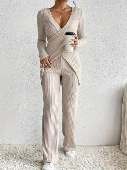 Ensemble Femme Côtelé - Haut Cache-Cœur &amp; Pantalon Droit