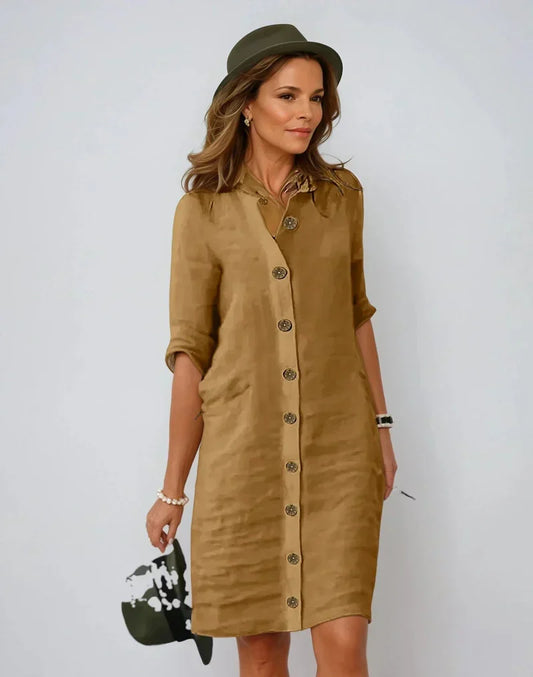 Sophie Elegant Midi Shirt Dress in Mixed Linen