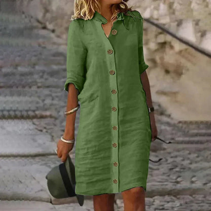 Sophie Elegant Midi Shirt Dress in Mixed Linen