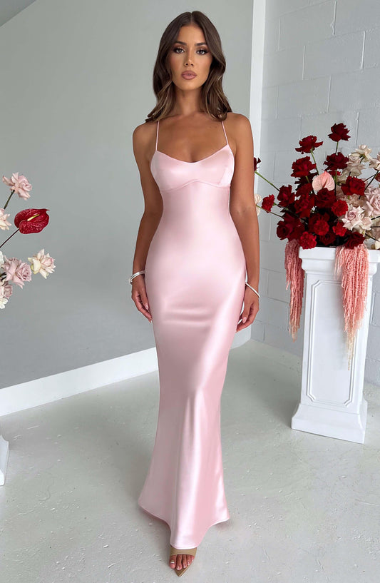 Sophie – Elegant satin long dress with open back and crossed ties