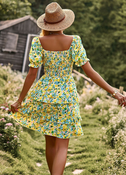 Léa Élégante Robe Longue Fleurie à Manches Bouffantes