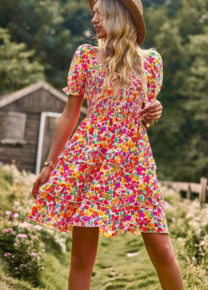 Léa Élégante Robe Longue Fleurie à Manches Bouffantes
