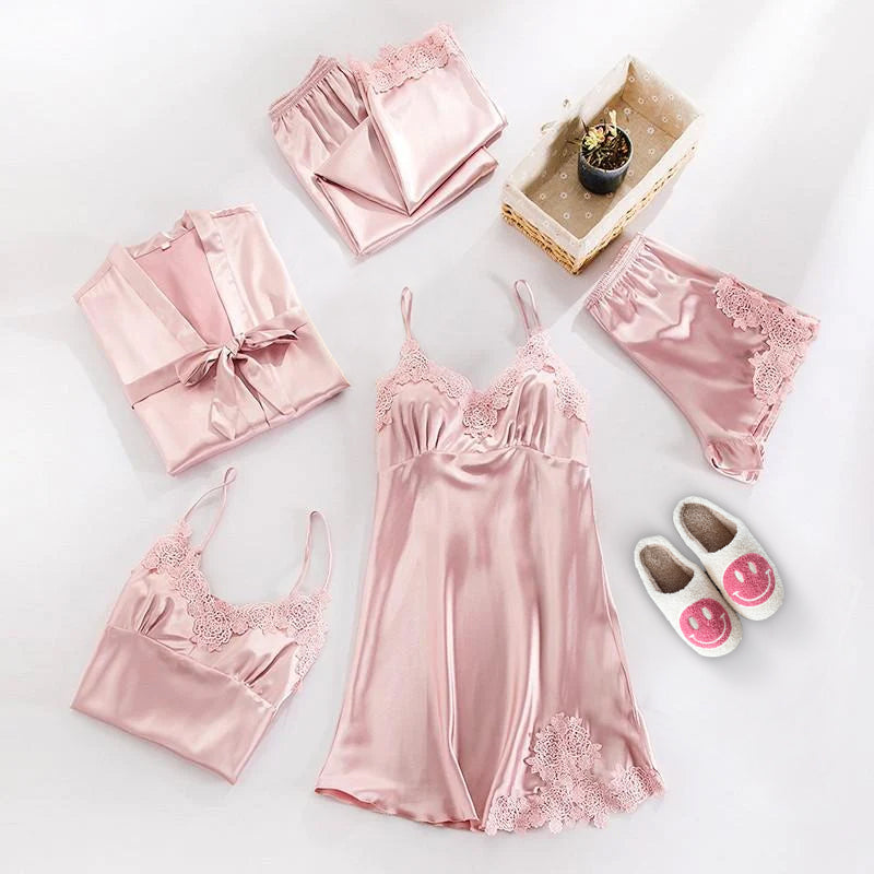 Sophie Elegant Satin Set – 5-Piece Pajama with Lace Details