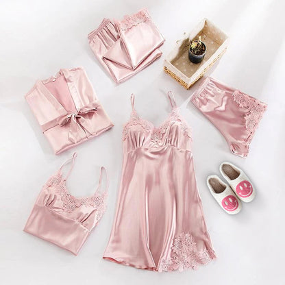 Sophie Elegant Satin Set – 5-Piece Pajama with Lace Details